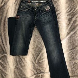 Affliction jeans , patches and studs , flare